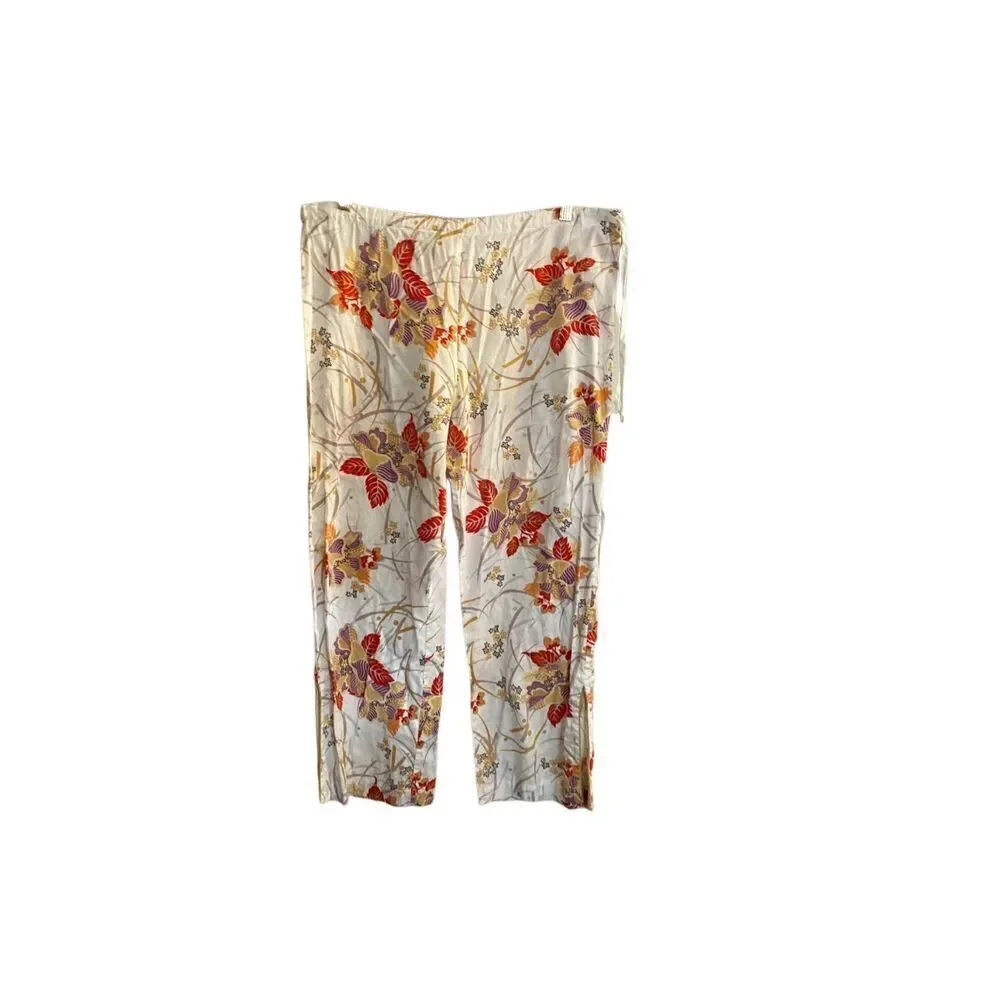 Natori women’s pajama pants, white floral, print drawstring, size medium